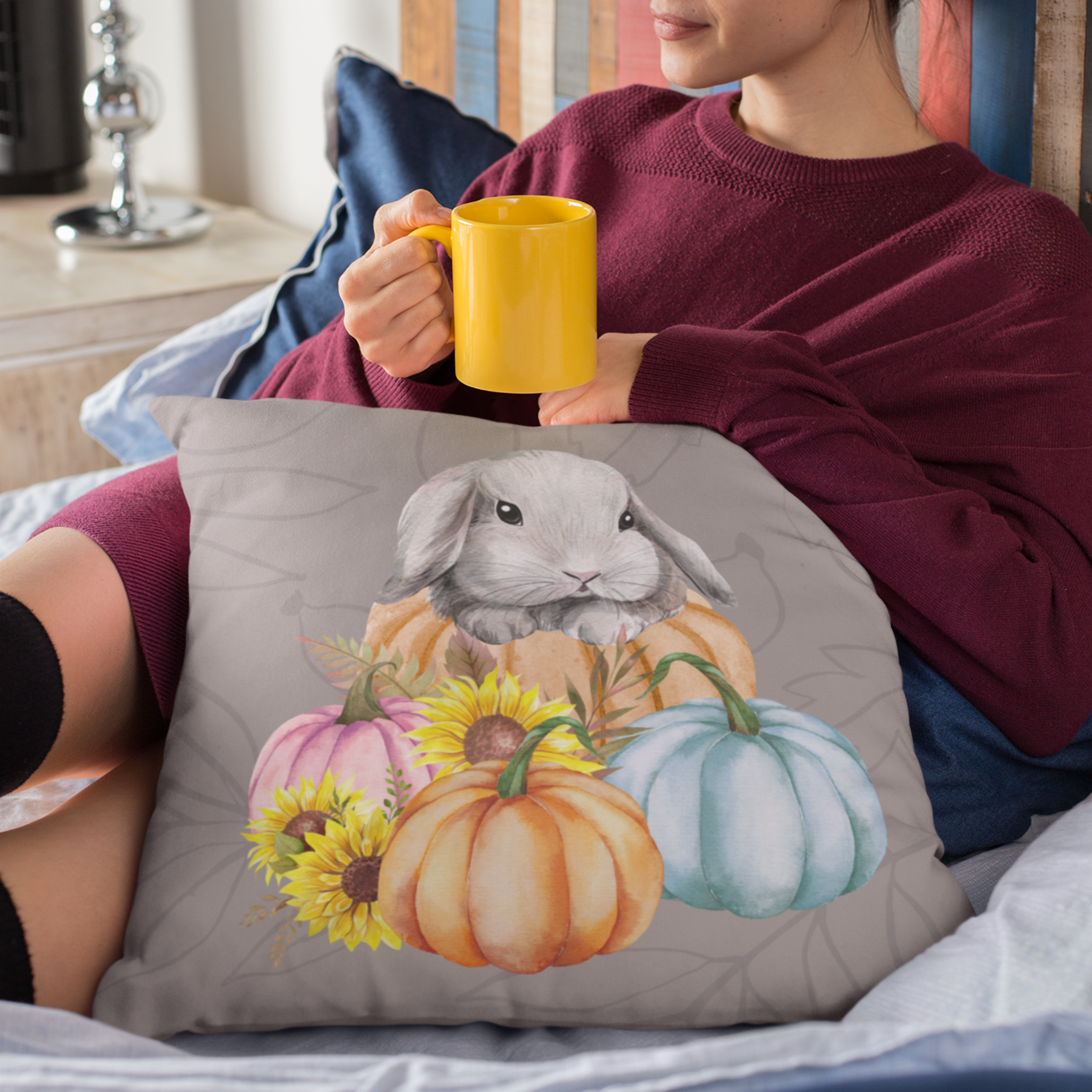 Lop Bunny and Pumpkins Pillow