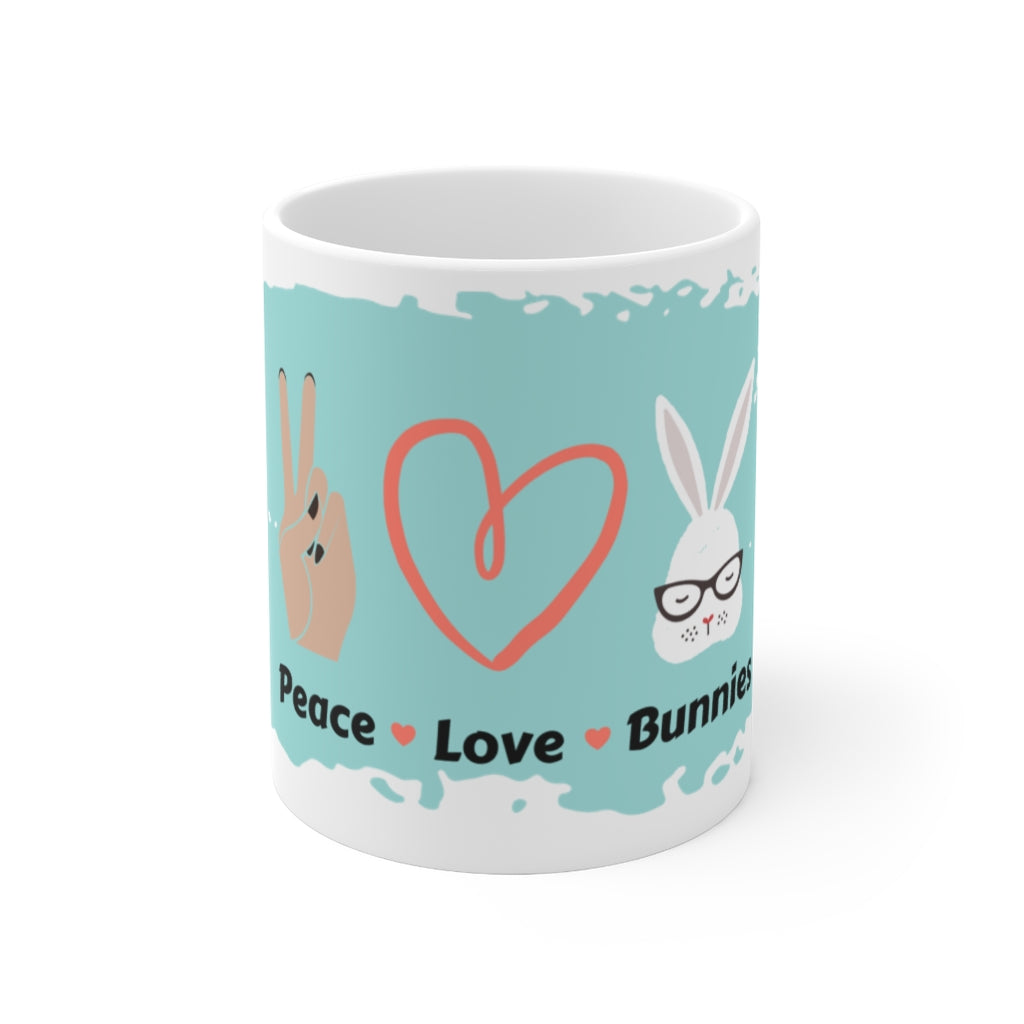 Peace Love Bunnies Teal on White Ceramic Mug 11oz