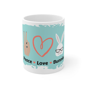Peace Love Bunnies Teal on White Ceramic Mug 11oz